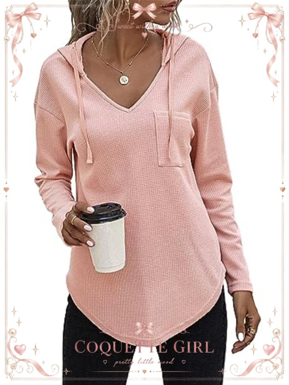 Waffle Knit Hooded Tunic Sweatshirt Drawstring V-Neck Loose Fit Long Sleeve